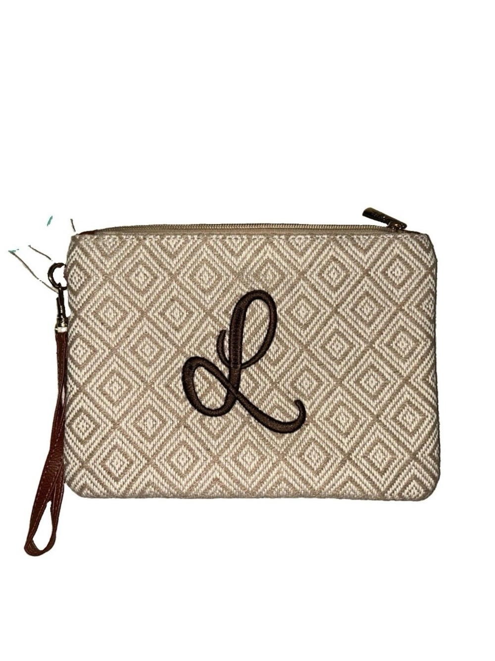 Viv & Lou Tan & Taupe Diamond Pattern Wristlet With Personalized Embroidered “L”